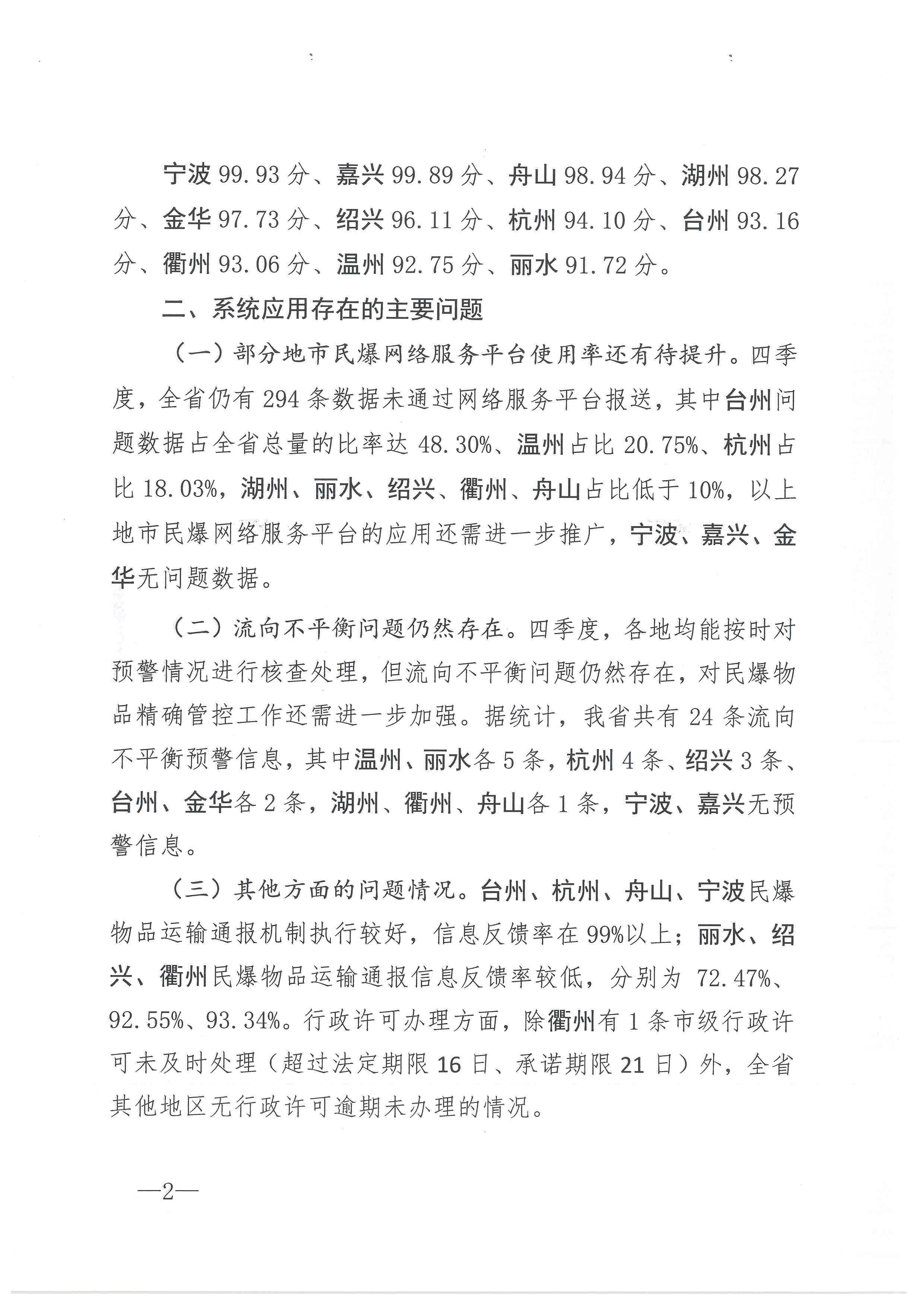 浙江省公安厅治安监督管理总队关于各市2018年四季度民爆信息系统应用情况的通报
